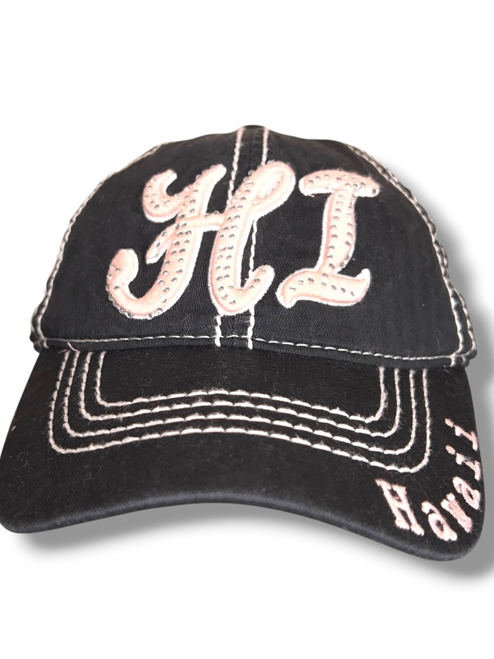 Y2K Era Robin Ruth Hawaii Baseball Cap Hat Womens Black Pink Rhinestone Cotton